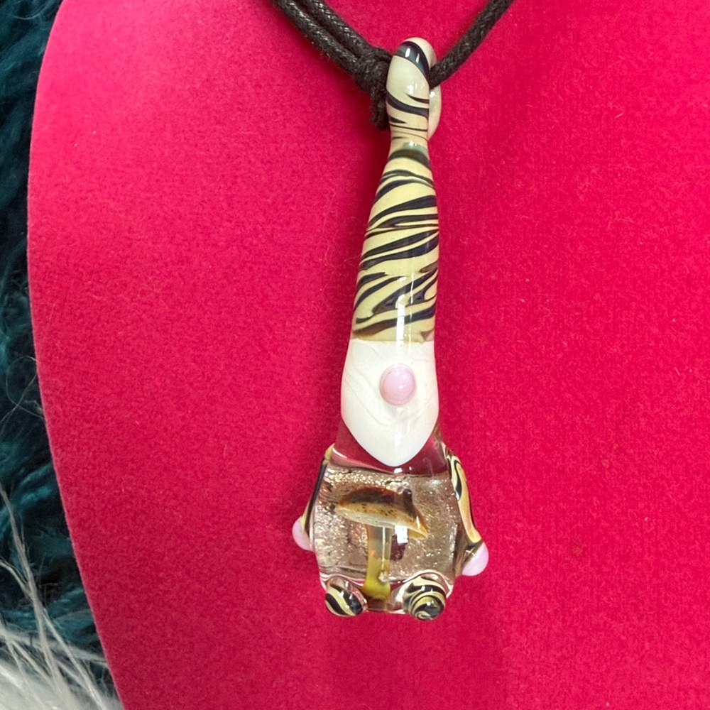 Handmade Artisan Blown Glass Gnome with Mushroom in Stomach Adjustable Necklace